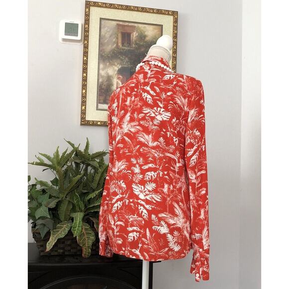 H&M US CA Women Petite Small Vintage Hawaiian Orange Print Bottom Up Shirt - Picture 6 of 13